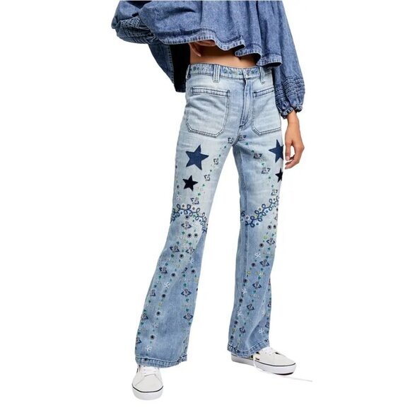 Free People Embroidered Denim Star & Floral Flared Leg High Rise Jeans | Boho 25 - Picture 3 of 16